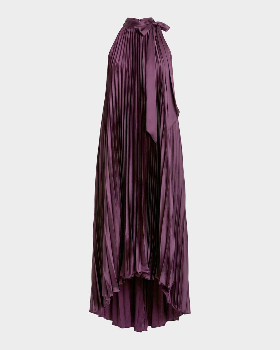 Mac Duggal High-Low Pleated Satin Trapeze Gown | Neiman Marcus