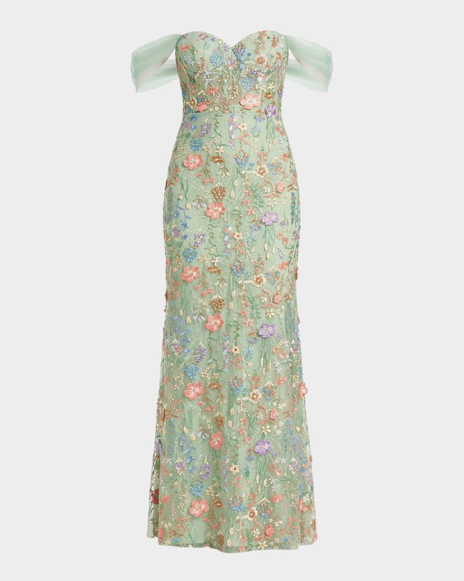 Mac Duggal - Green Off-the-Shoulder Bustier Floral Column Gown