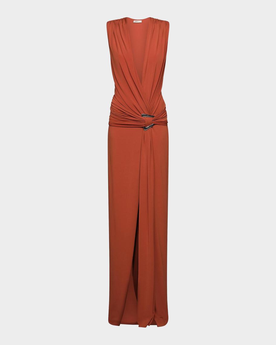 et ochs kamila sleeveless square-neck layered column maxi dress Jil Plunging Draped Gown, Terracotta, Women's, 0 WL25-12337
