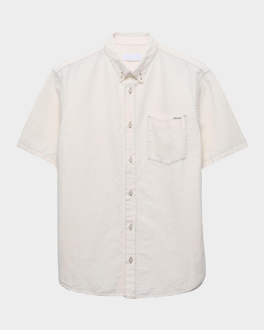 Prada Men's Topstitched Cotton-Linen Shirt | Neiman Marcus