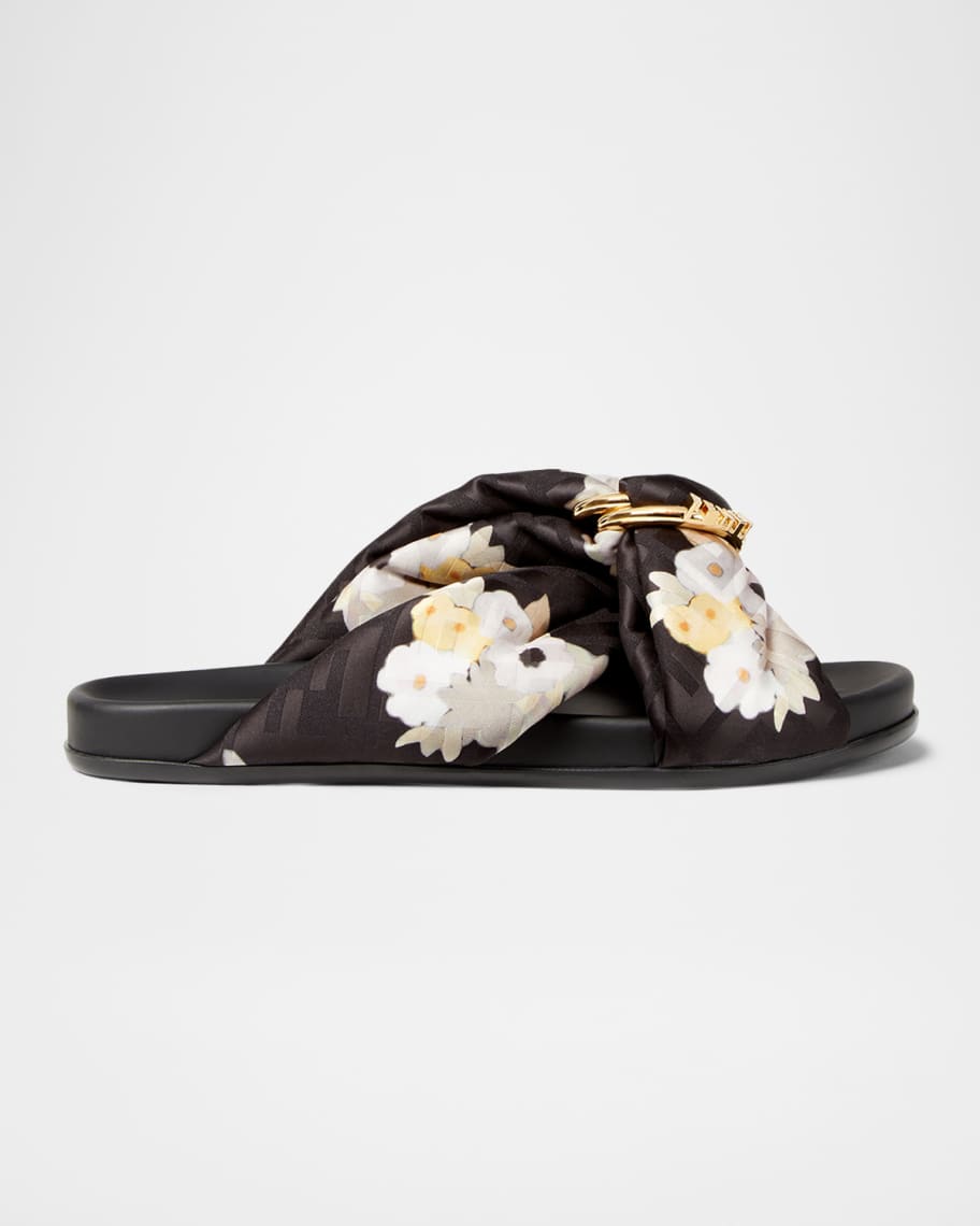 Fendi Feel FF Satin Floral Slide Sandals | Neiman Marcus