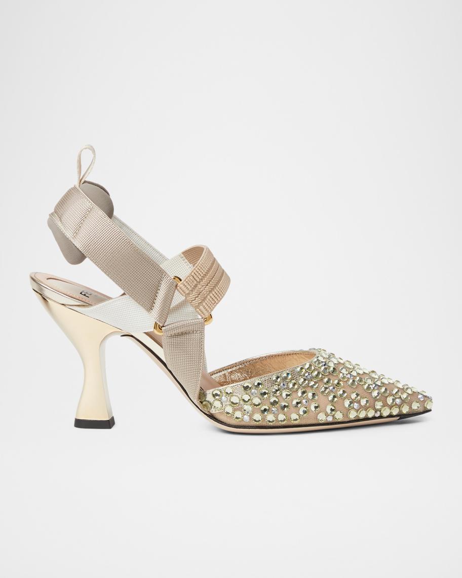 Fendi 85mm Colibri Embellished Mesh Slingback Pumps | Neiman Marcus