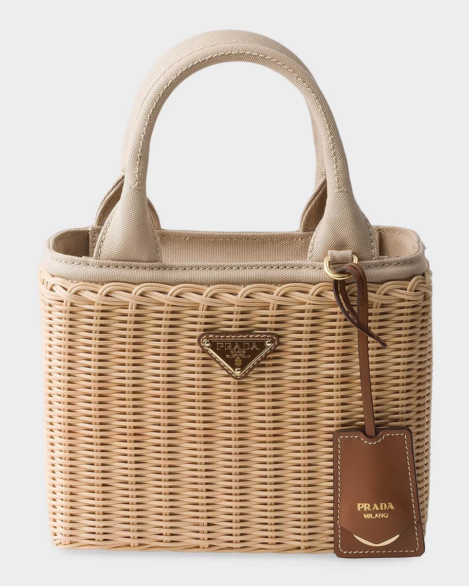 Prada Small Wicker and Canvas Tote Bag | Neiman Marcus