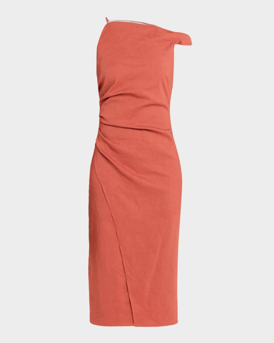 A.L.C. Lyra Draped Linen-Blend Midi Dress | Neiman Marcus