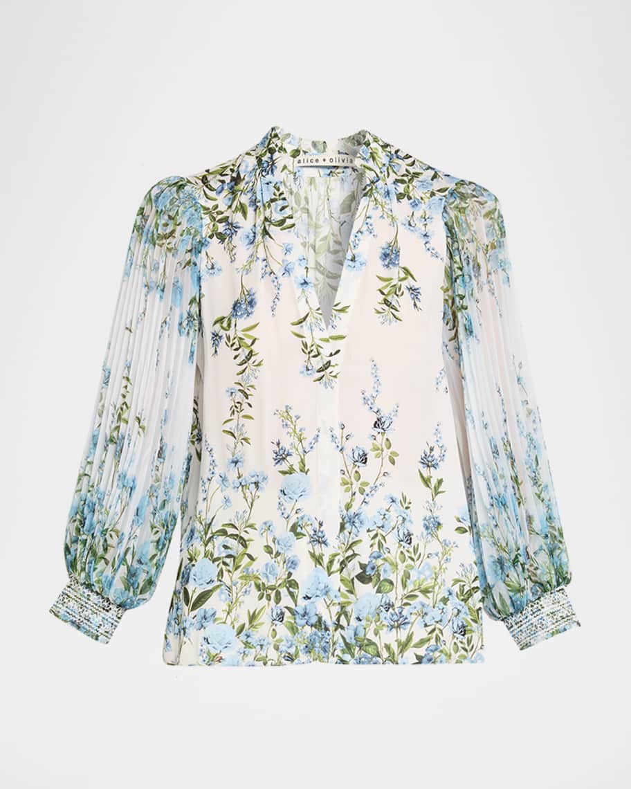 ALICE + OLIVIA Ilan Pleated-Sleeve Blouse | Neiman Marcus