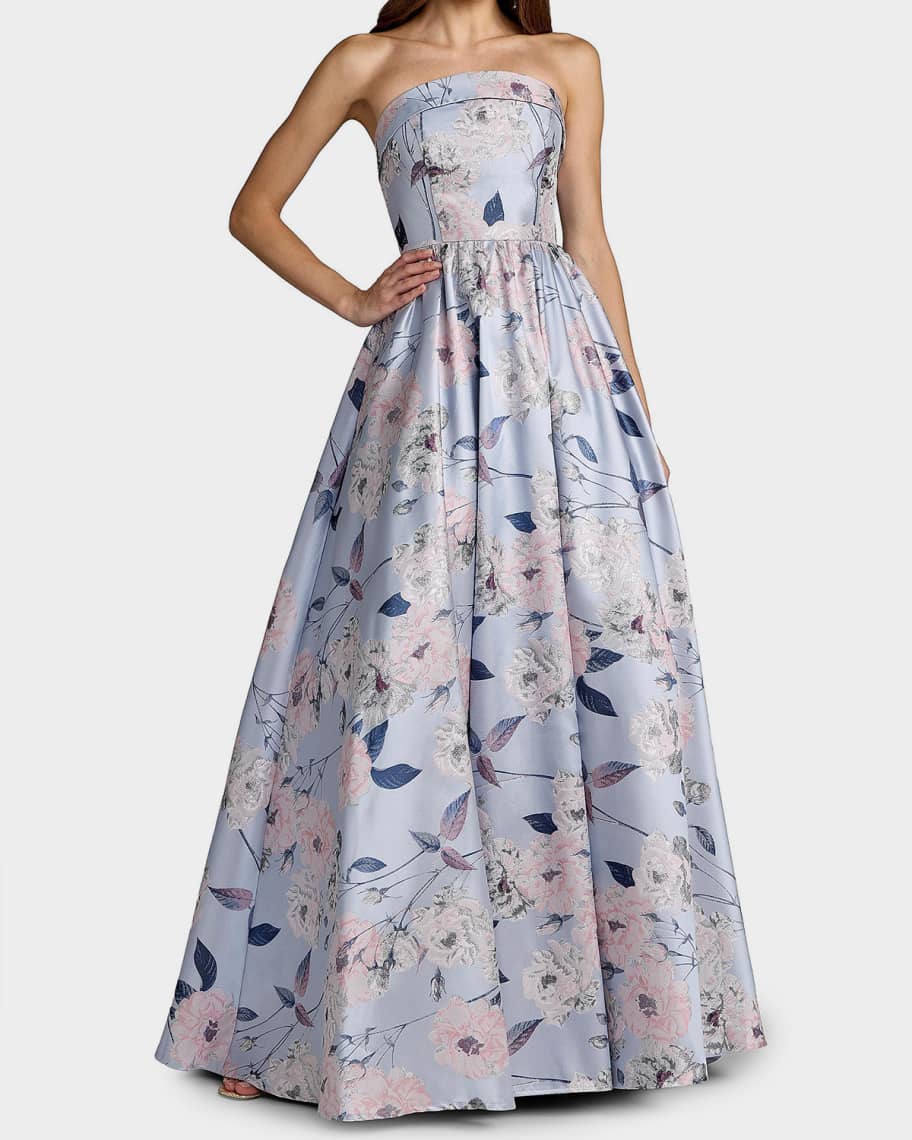 mac duggal strapless brocade floral ruffle-hem a-line maxi dress 11604 The timeless A Blue Floral Brocade Strapless Ball