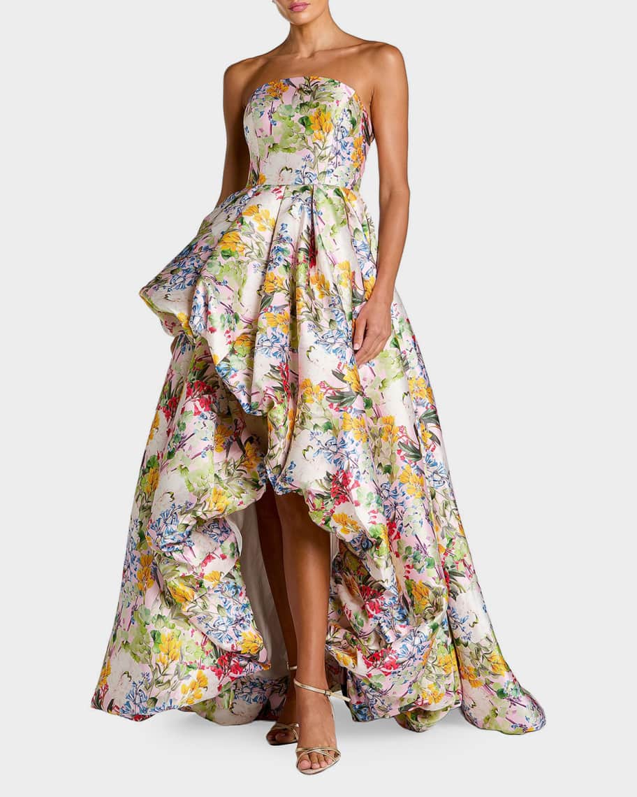 mac duggal strapless brocade floral ruffle-hem a-line maxi dress Multicolor with Ruffles It also features an open back that tastefully reveals a hint of skin Multicolor Strapless Floral Brocade A-Line