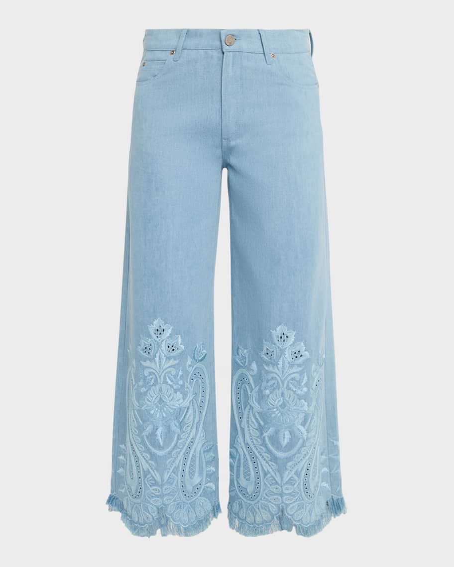 Kobi Halperin Marigold Embroidered Washed Denim Wide-Leg Pants