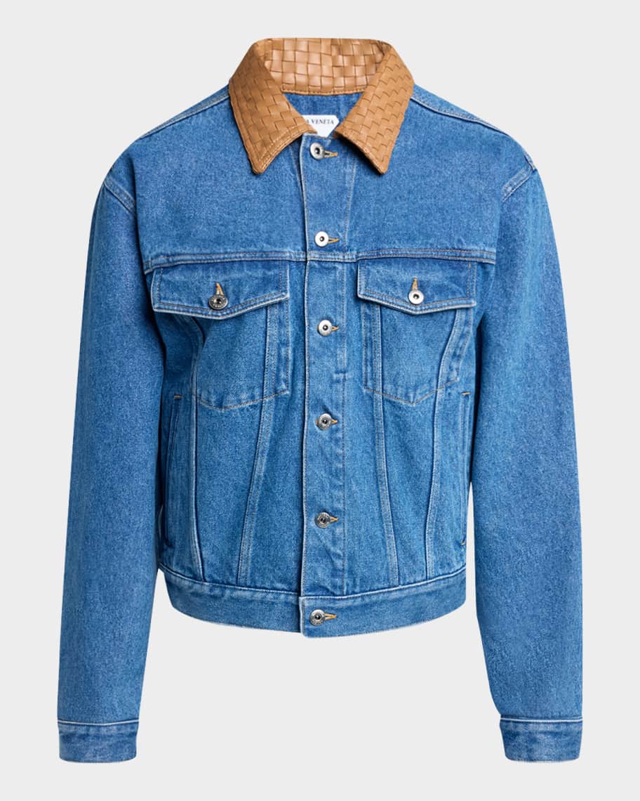 Bottega Veneta Men's Intrecciato-Leather Collar Denim Jacket