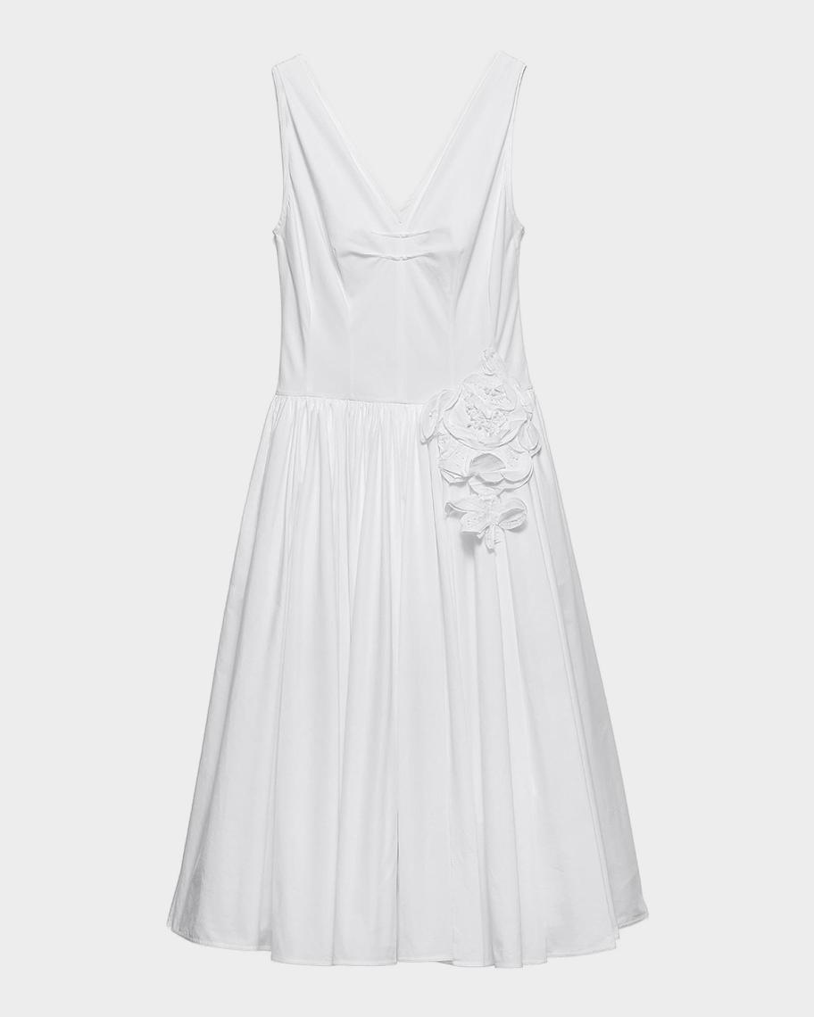 Prada Flower Applique Sleeveless Cotton Poplin Midi Dress | Neiman