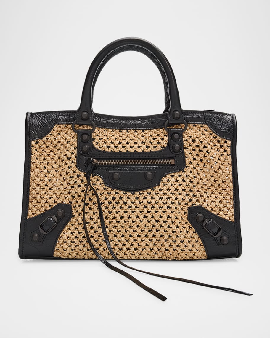 Balenciaga Le City Woven Leather-Trim Top-Handle Bag | Neiman Marcus