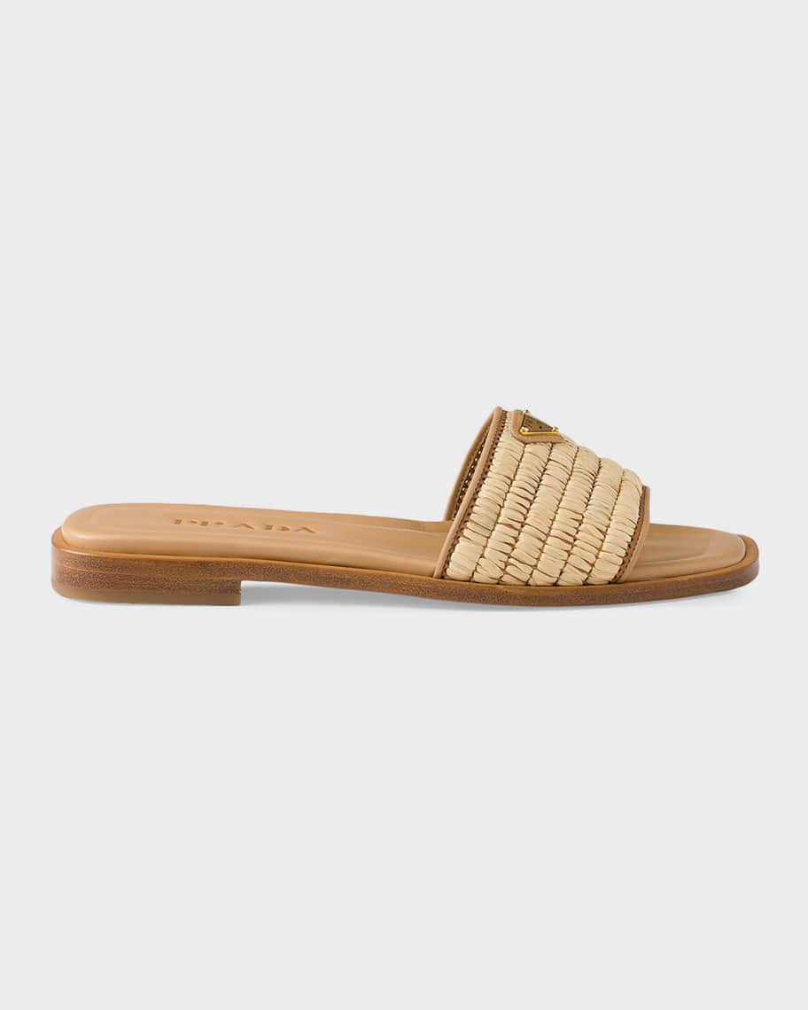 Prada Crochet Raffia & Leather Slides | Neiman Marcus