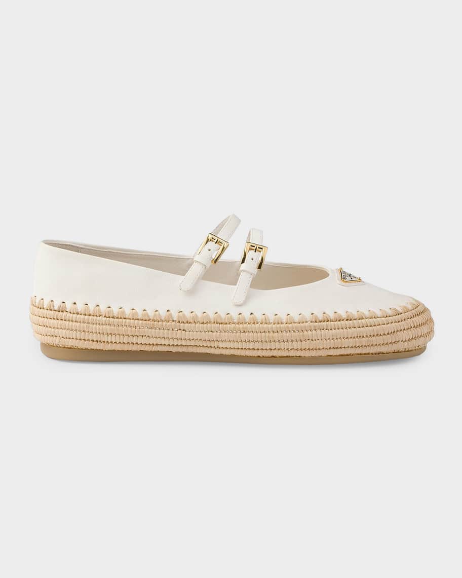 Prada Nappa Leather & Raffia Ballerina Flats | Neiman Marcus