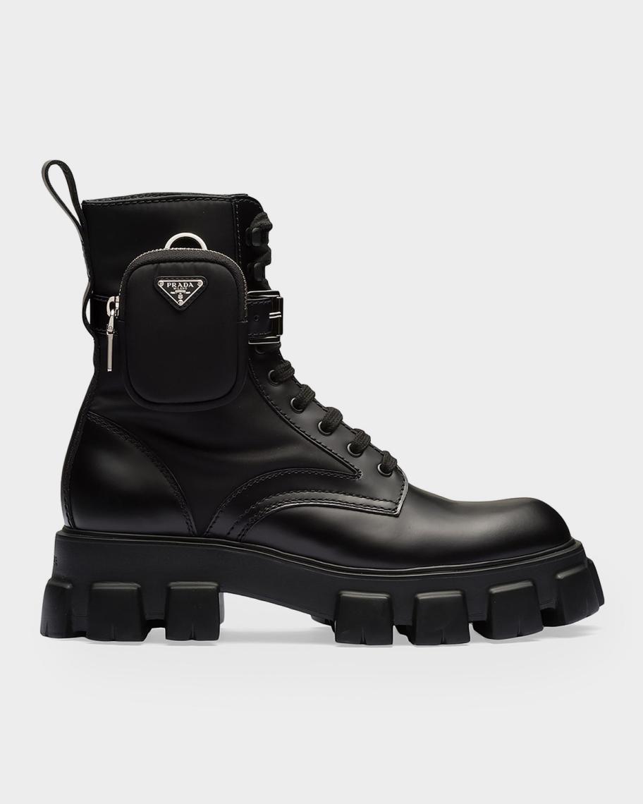 Prada Men's Monolith Brushed Leather & Re-Nylon Boots with Pouch
