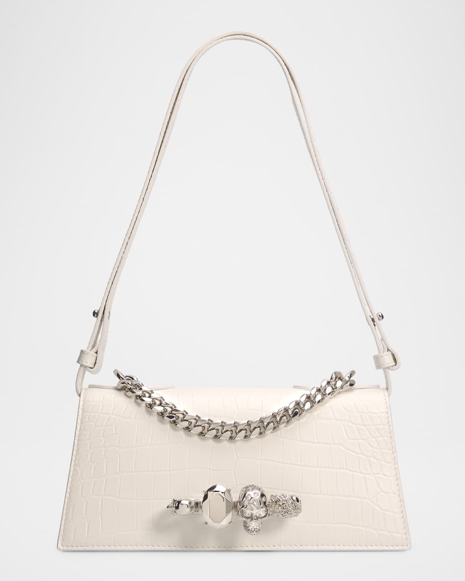 McQueen Jeweled Croc-Embossed Leather Shoulder Bag | Neiman Marcus