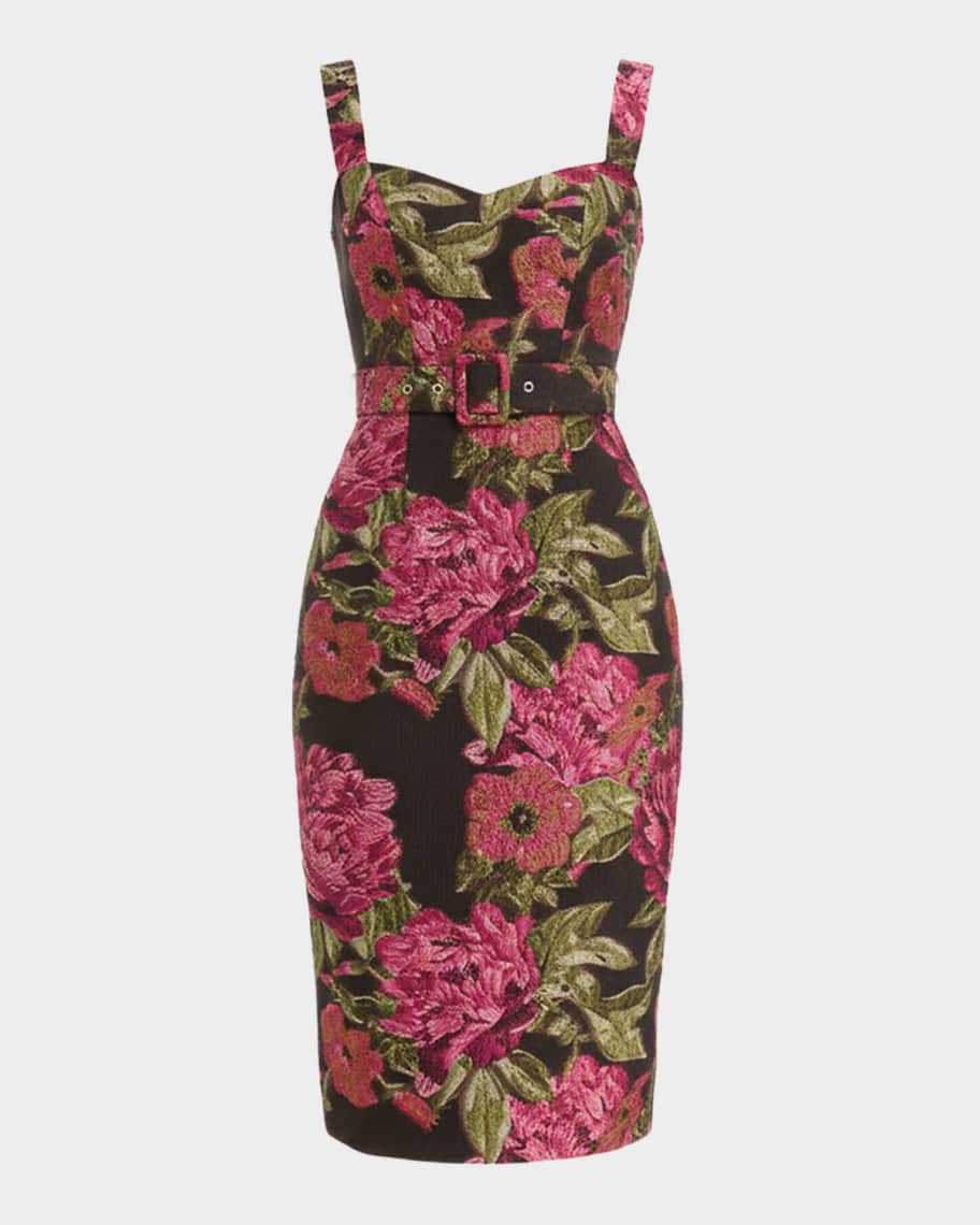 Dress the Population Black Label Nicole Belted Floral Organza Jacquard Midi  Dress | Neiman Marcus