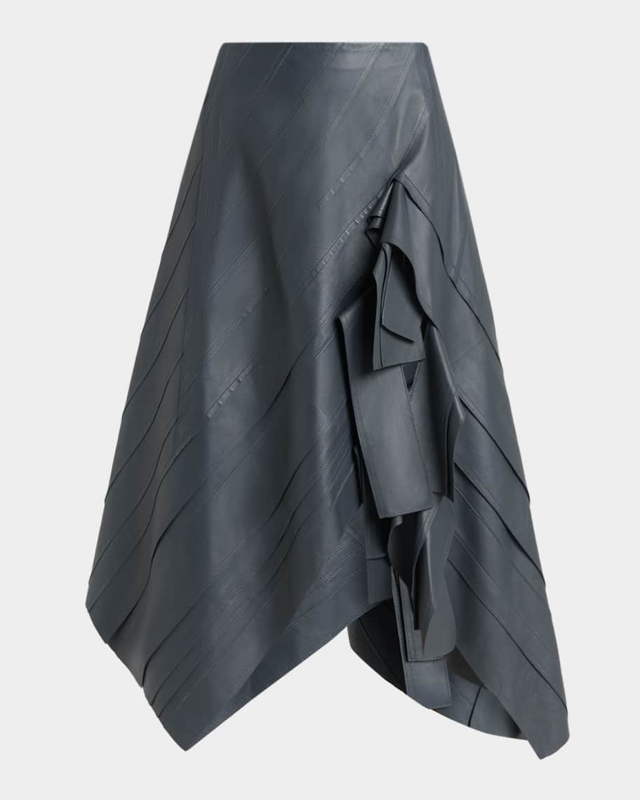 Bottega Veneta Asymmetric Ruffled Leather Midi Skirt | Neiman Marcus