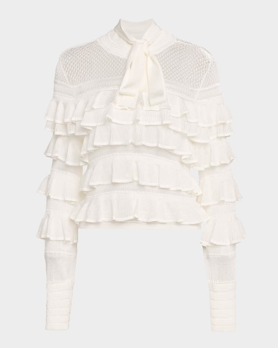 Zimmermann Luna Lace Frill Tie-Neck Top | Neiman Marcus