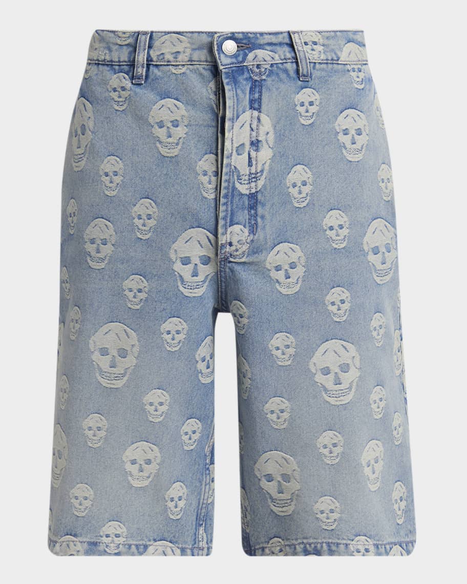 McQueen Men's Skull-Print Denim Shorts | Neiman Marcus