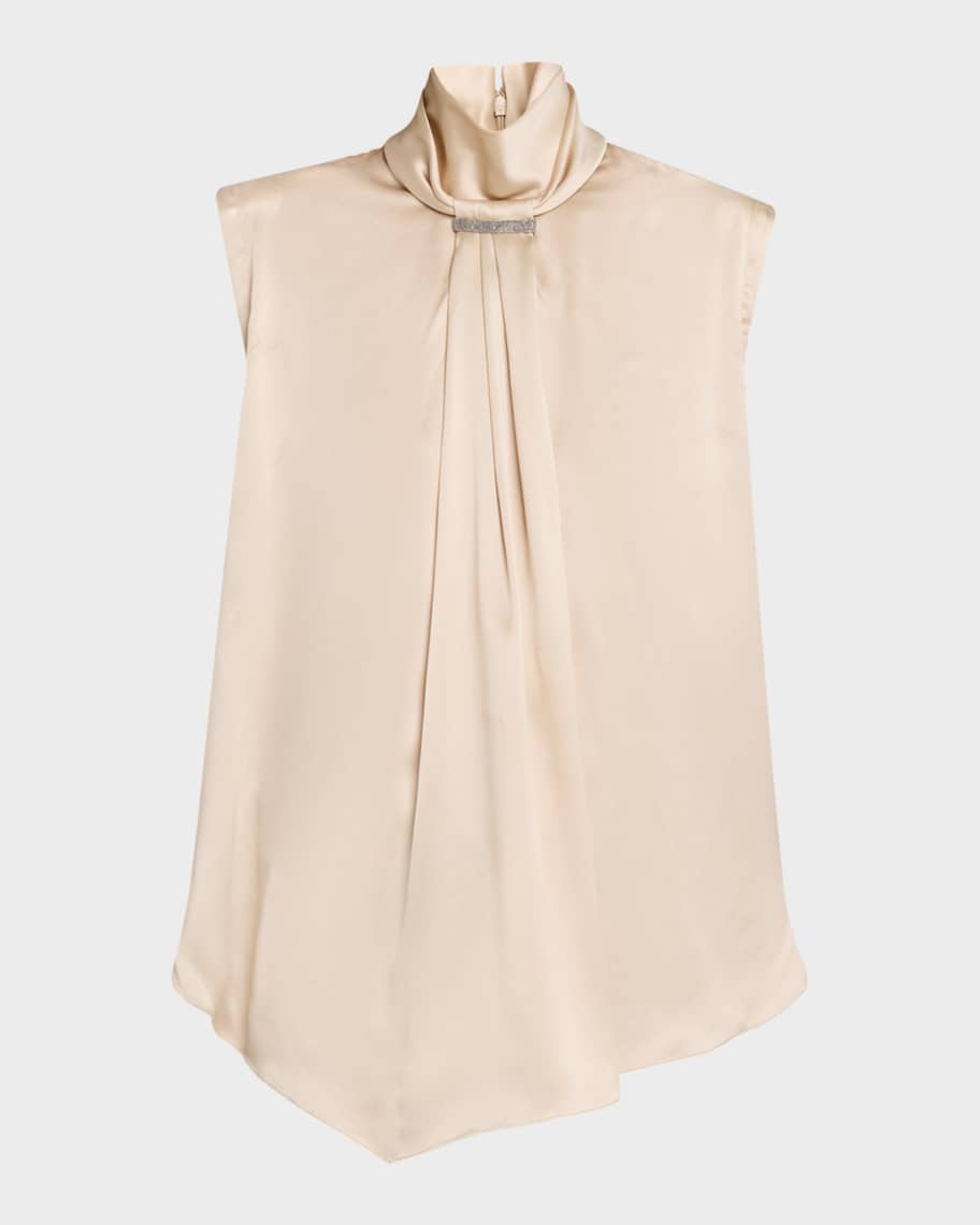 Brunello Cucinelli Sleeveless Silk Turtleneck Blouse w/ Monili