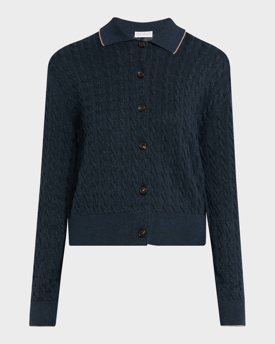 Brunello Cucinelli Shimmering Cable Knit Collared Cardigan