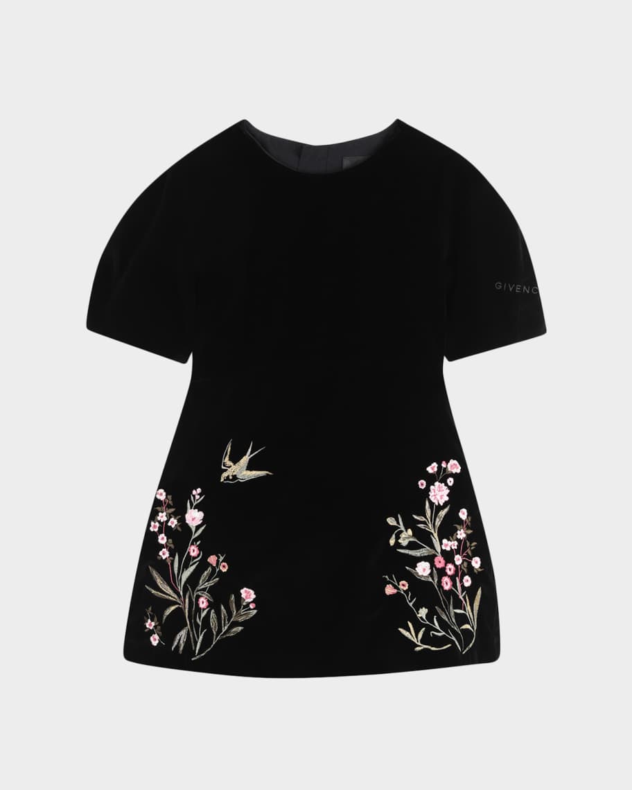 Givenchy Girl's Floral-Embroidered Velvet Mini Dress, Size 8-12
