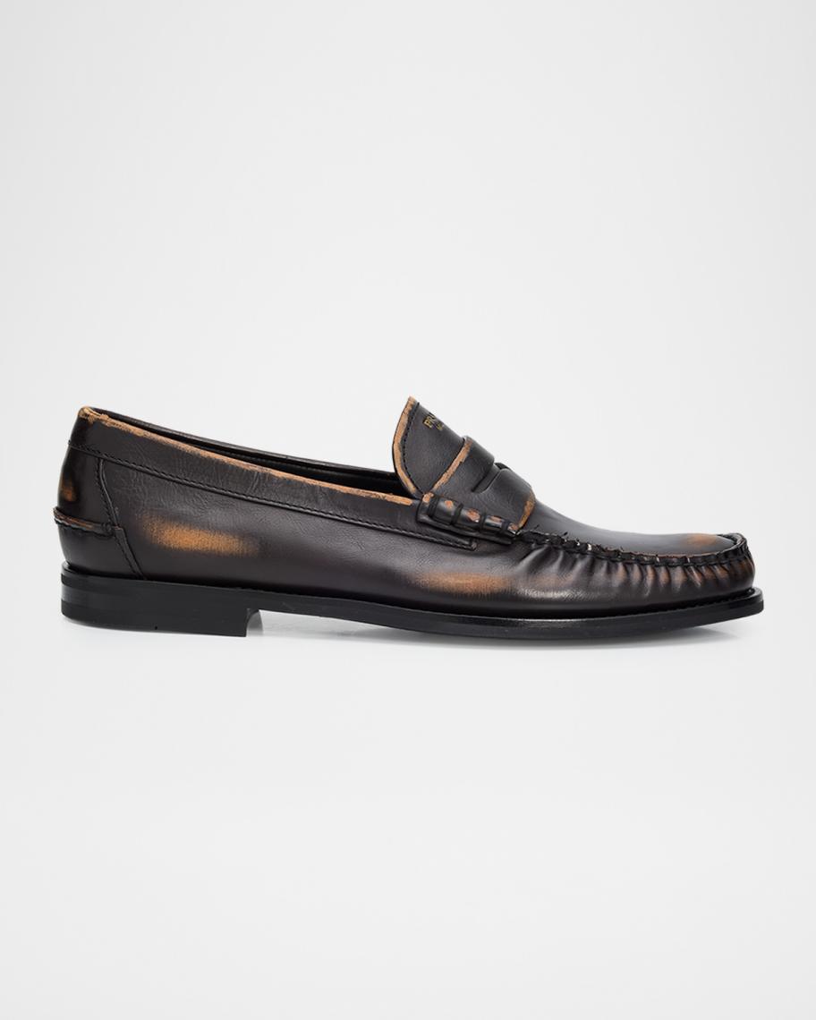 Prada Men's Anitqued Leather Penny Loafers | Neiman Marcus