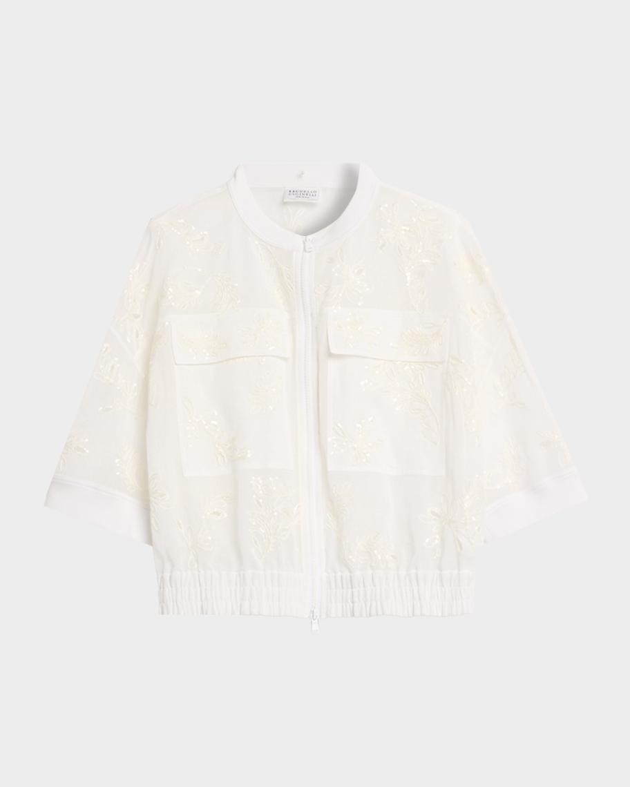 Brunello Cucinelli Broderie Anglaise Cotton Organza 3/4-Sleeve Zip
