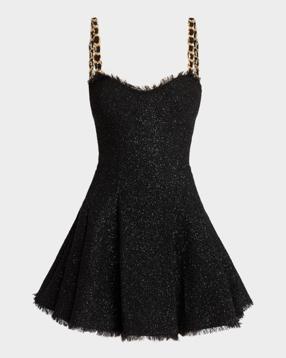 green and black zebra striped mini dress from balmain Women's Metallic Tweed Chain Strap Minidress - Noir create an interplay of