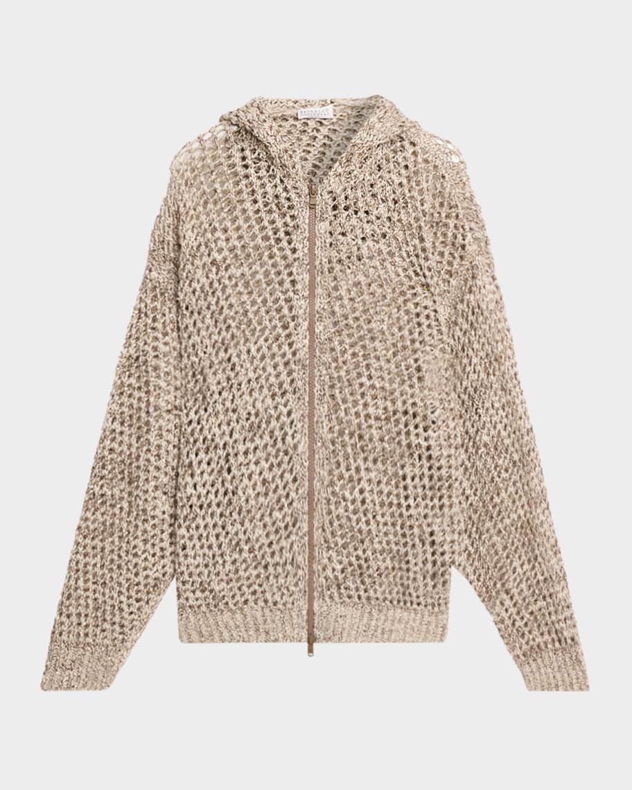 Brunello Cucinelli Shimmering Net Knit Zip Hooded Cardigan
