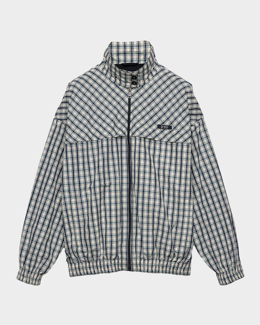 Prada Check Cotton-Blend Chambray Blouson Jacket | Neiman Marcus