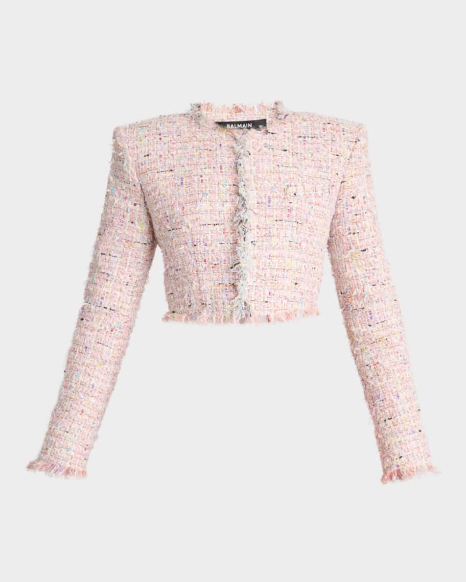 BALMAIN ヒョウ柄 ジップアップジャケット 短丈 Balmain Speckled Tweed Fringed Crop Open Jacket | Neiman Marcus
