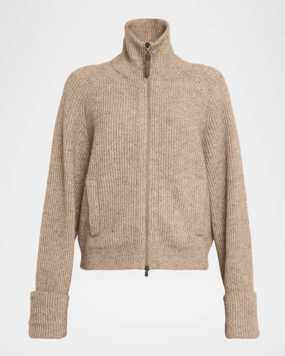 Brunello Cucinelli Cashmere-Mohair Ribbed Zip-Up Cardigan | Neiman