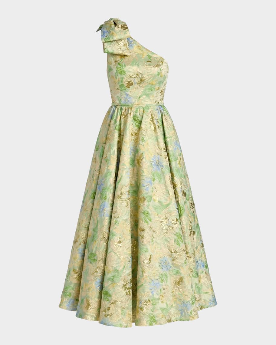 Mac Duggal - Green One Shoulder Brocade Midi Dress with Bow Detail - Green Multi / US 14