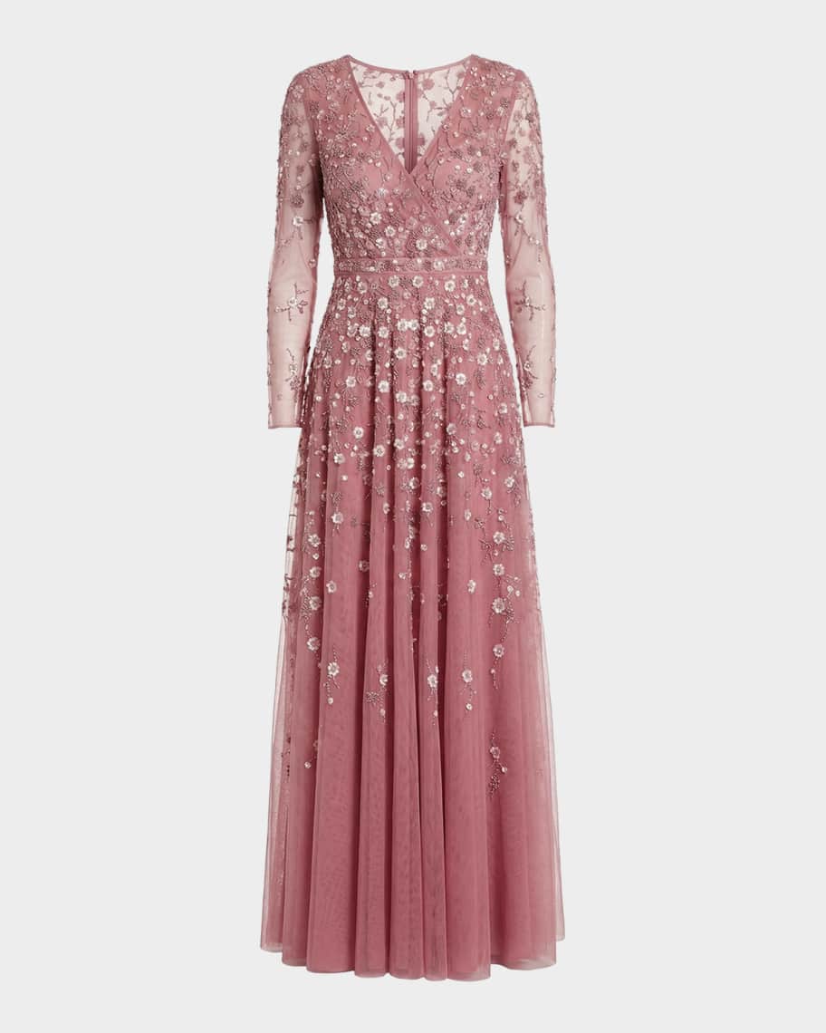 Mac Duggal Floral-Embellished Long-Sleeve A-Line Gown | Neiman Marcus