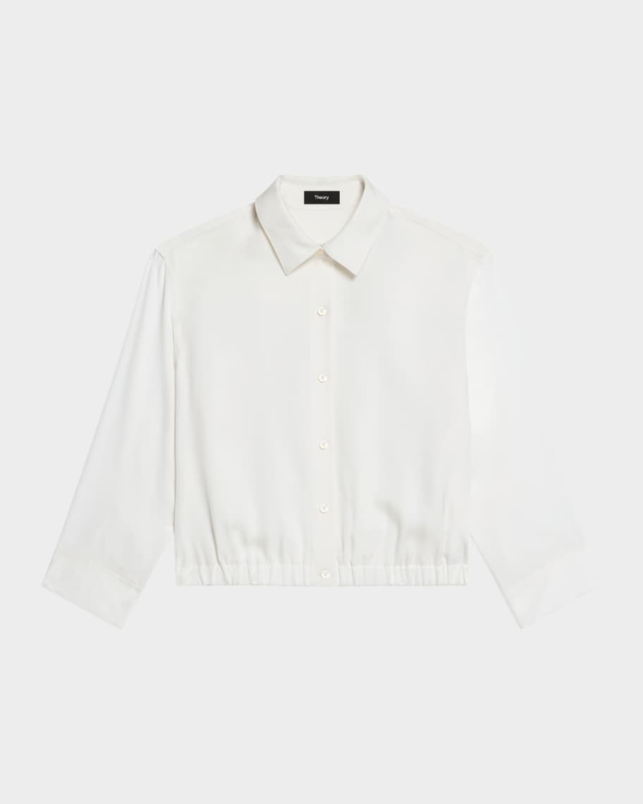 Theory Scrunched-Sleeve Cropped Button-Front Silk Shirt | Neiman