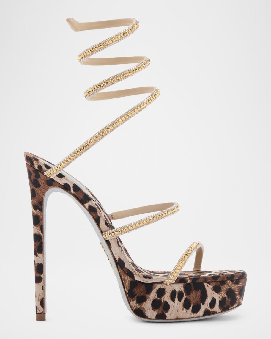 Rene Caovilla 130mm Leopard Satin Platform Ankle-Wrap Sandals
