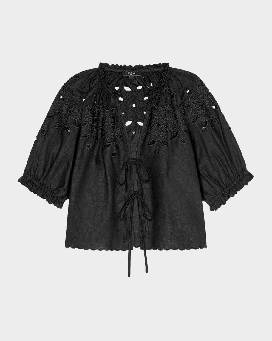 Rails Lizbeth Embroidered Tie-Front Linen Blouse | Neiman Marcus