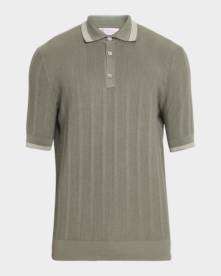 Brunello Cucinelli Men's Cotton Textured Rib Knit Polo Shirt