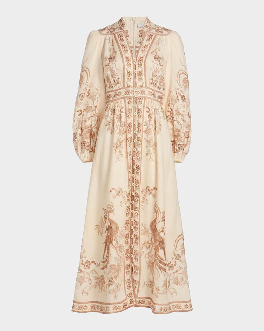 Zimmermann Indra Plunge Linen Midi Dress | Neiman Marcus