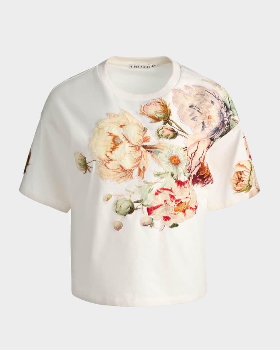 Alice＋Olivia Tシャツ 白 ホワイト ALICE + OLIVIA Evan Floral Short-Sleeve T-Shirt | Neiman Marcus