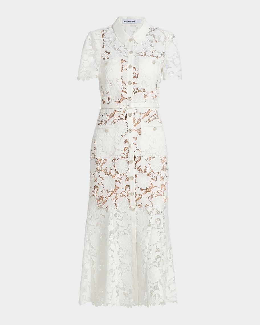 self-portrait ivory floral guipure midi dress Tie-Waist Lace A-Line Shirtdress luxury brand