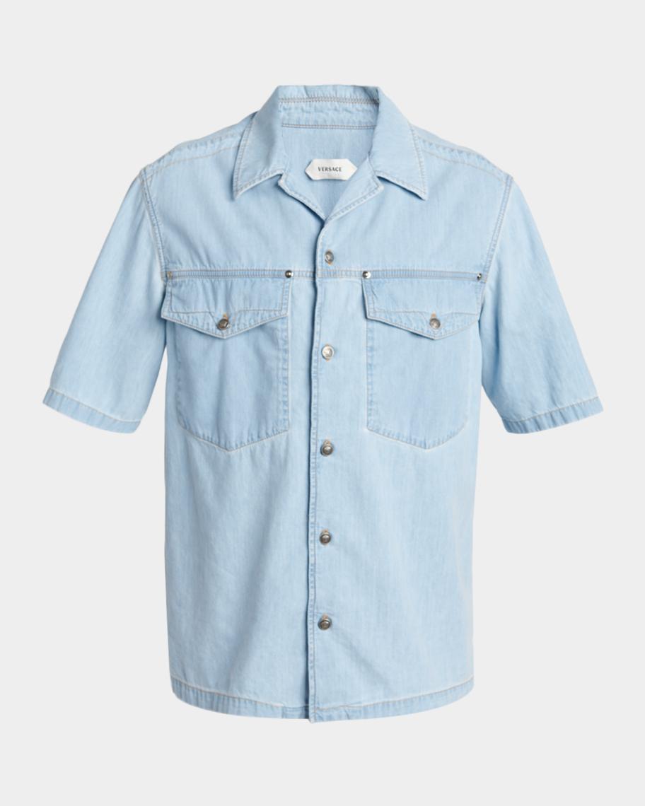 Versace Men's Embroidered-Logo Short-Sleeve Denim Shirt | Neiman