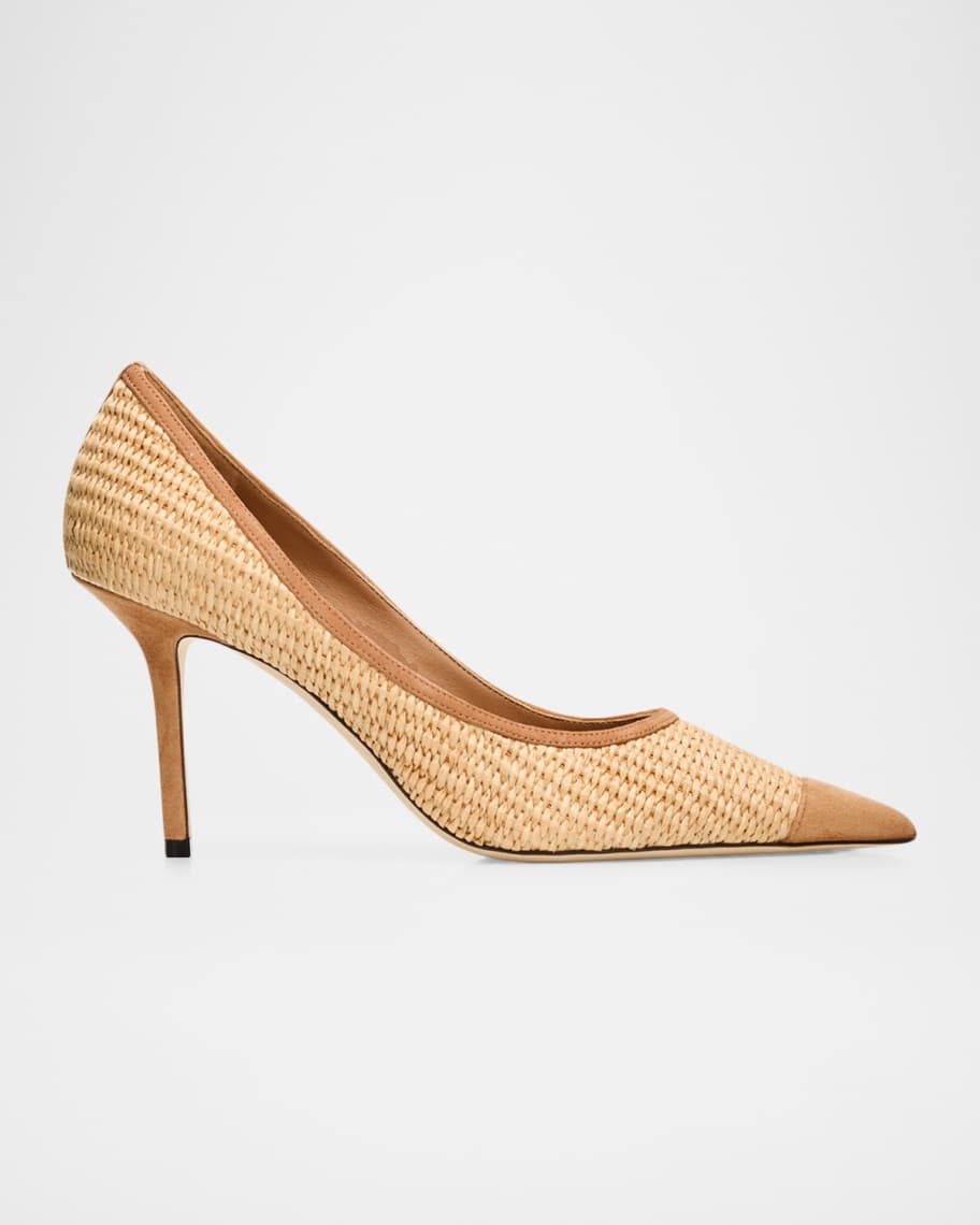 ロミ Jimmy Choo 85mm Love Raffia and Suede Pumps | Neiman Marcus