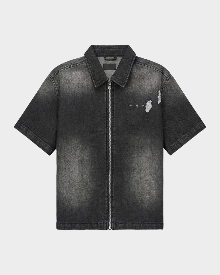 RTA Men's Zeno Full-Zip Denim Short-Sleeve Shirt | Neiman Marcus