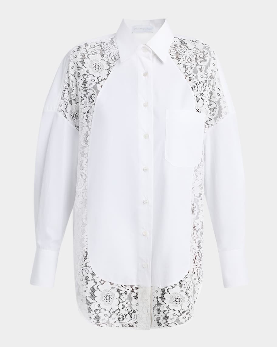 Stella McCartney Lace-Paneled Poplin Button-Down Shirt | Neiman Marcus