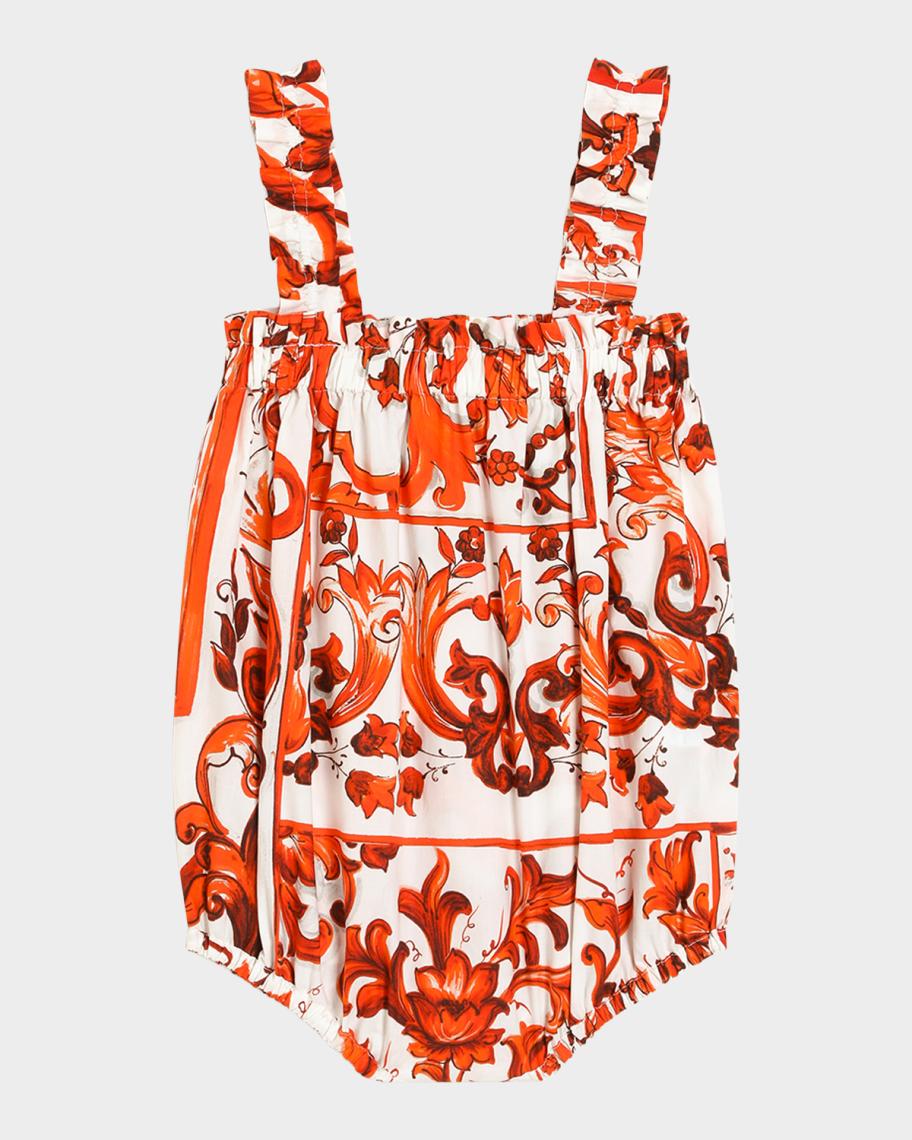 Girl's Majolica-Print Cotton Romper, Size 3M-24M