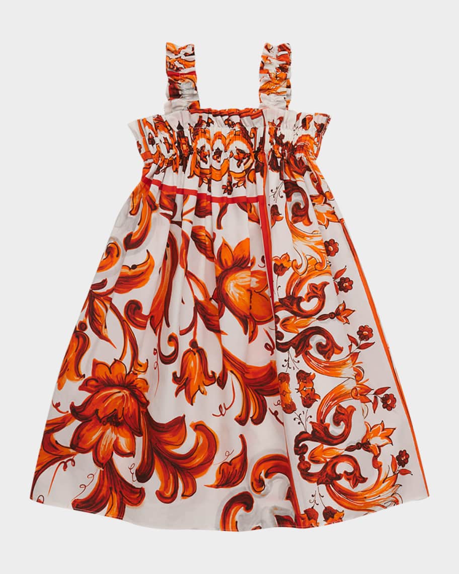 Dolce&Gabbana Girl's Majolica-Print Cotton Poplin Dress, Size 4-6