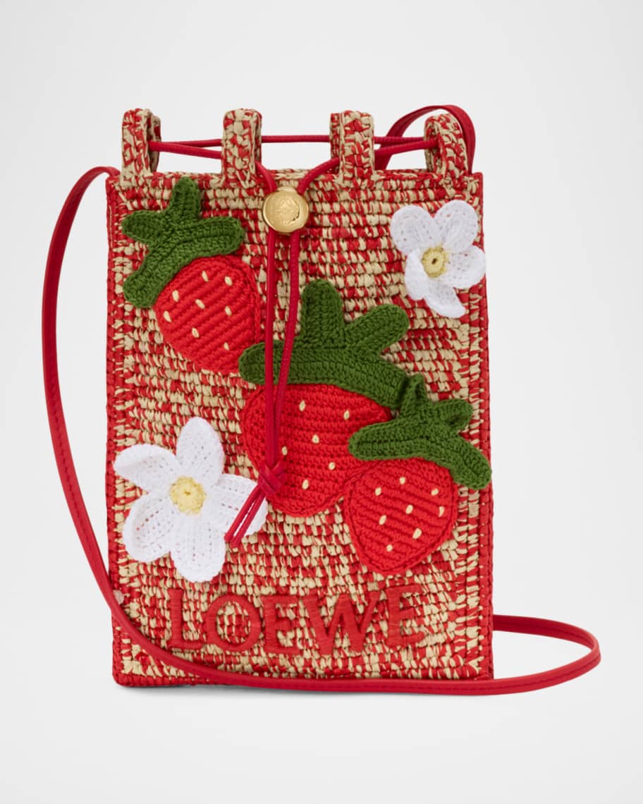 Loewe x Paula's Ibiza Strawberry Applique Raffia Pouch Bag