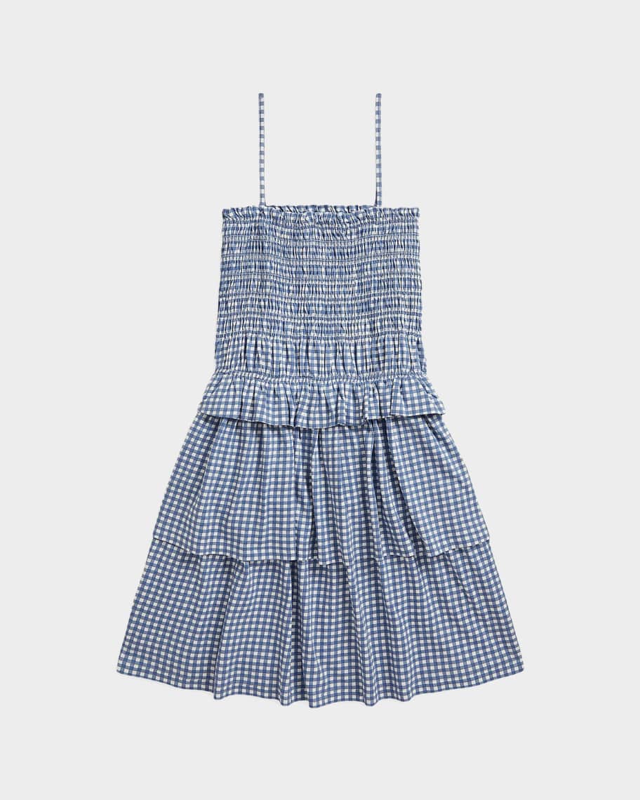 plaid smocked cotton jersey dress Smocked Boatneck Maxi Dress in Plaid Seersucker